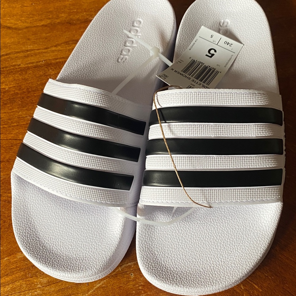 Adidas Black and White Striped Slides